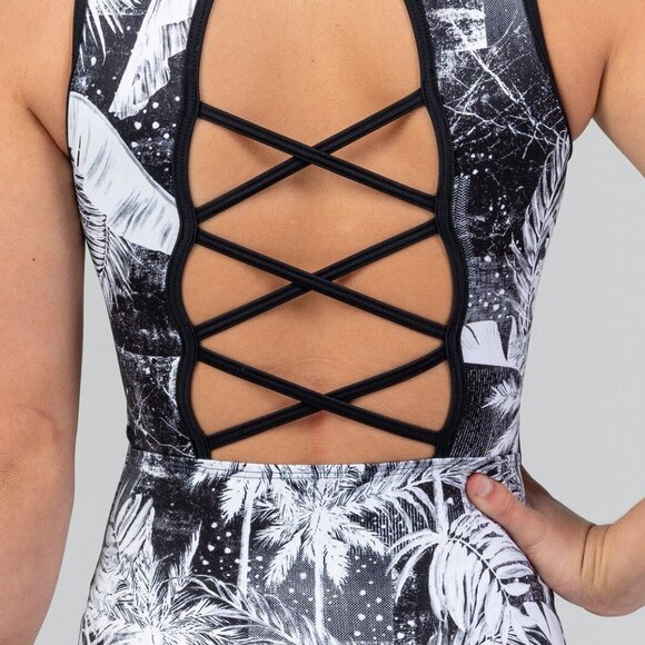 Sylvia P Balmy Black & White Palm Print One-Piece Leotard Strappy Back Girls 12 - Picture 2 of 6